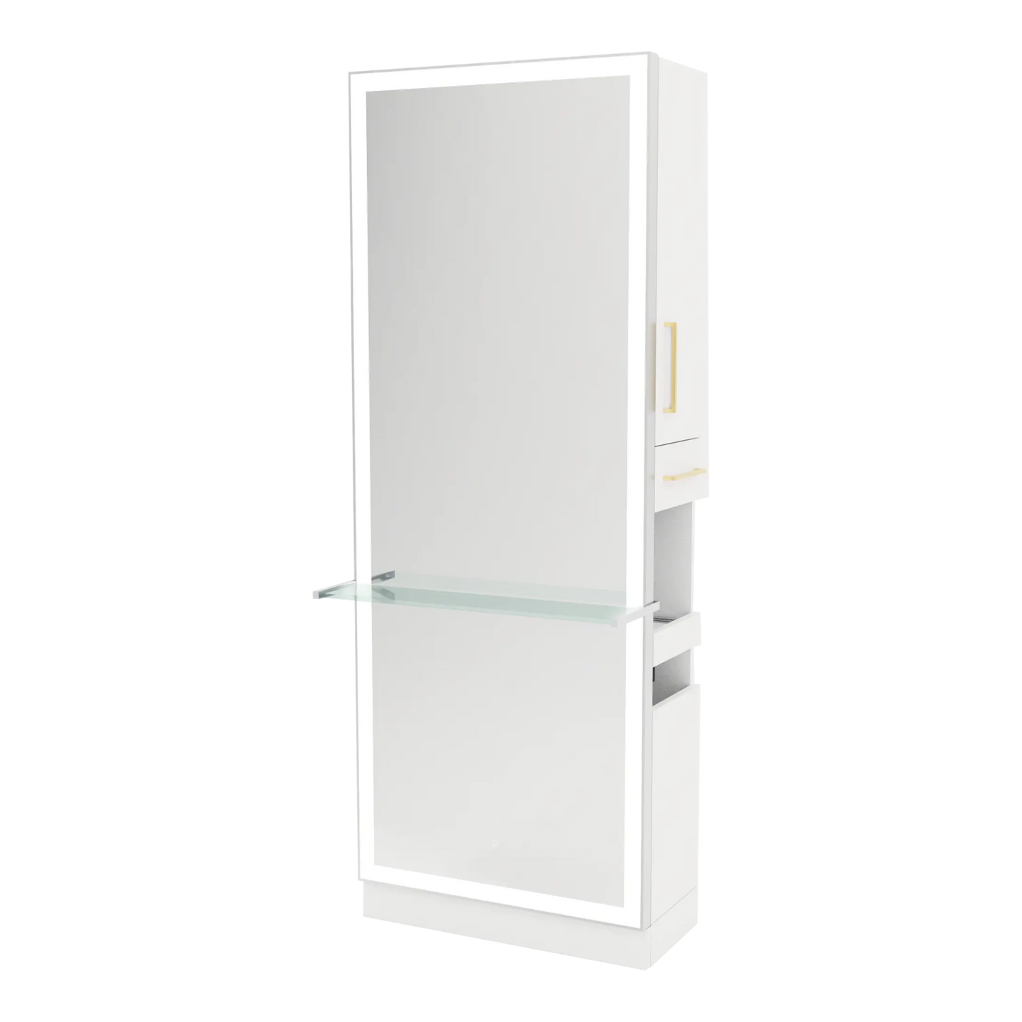 Glo Single Operator Styling Station with Pull-out Appliance Holder, Glass Shelf and Silver Full-Length Rectangle Glo Mirror - Kaemark