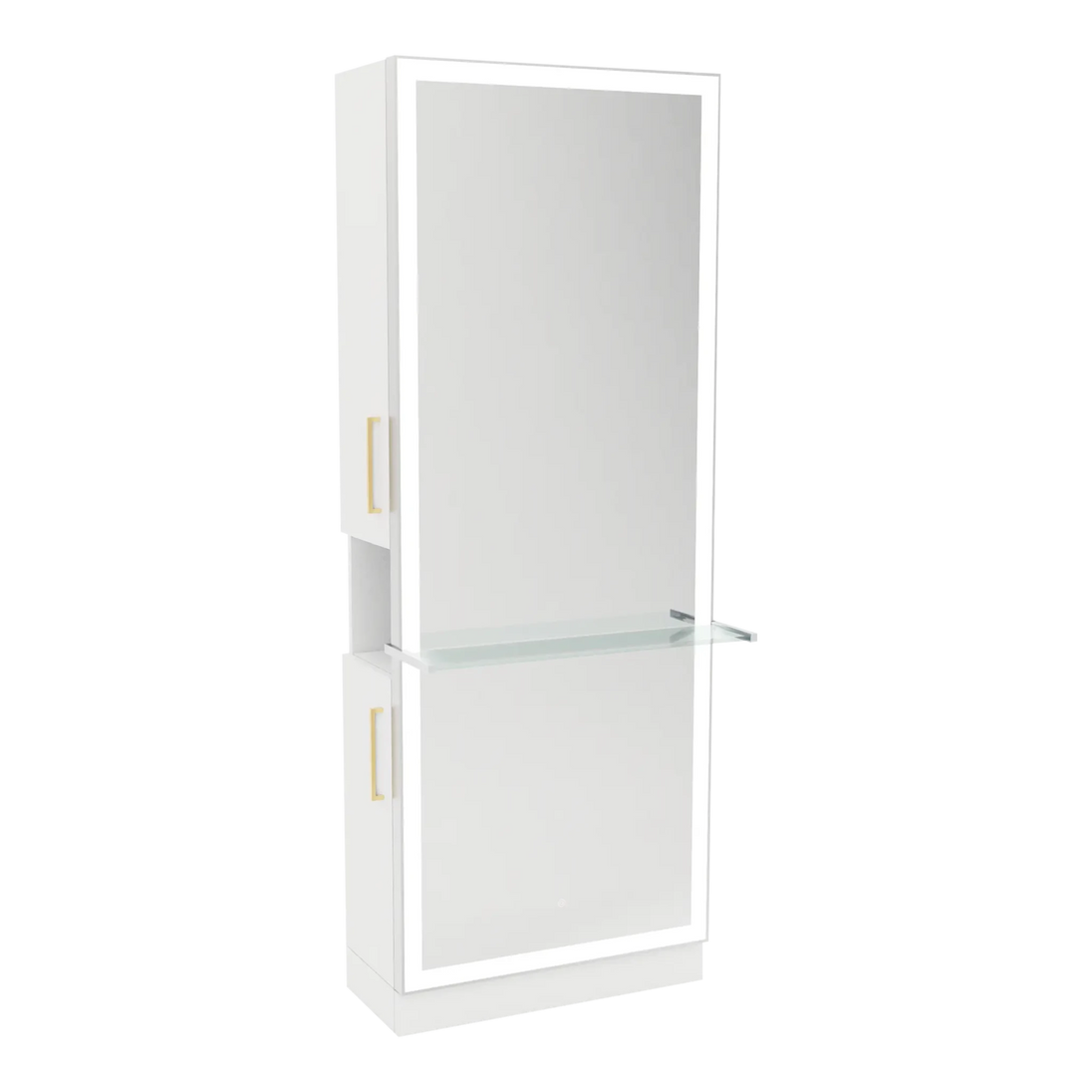 Glo Single Operator Styling Station with Pull-out Appliance Holder, Glass Shelf and Silver Full-Length Rectangle Glo Mirror - Kaemark