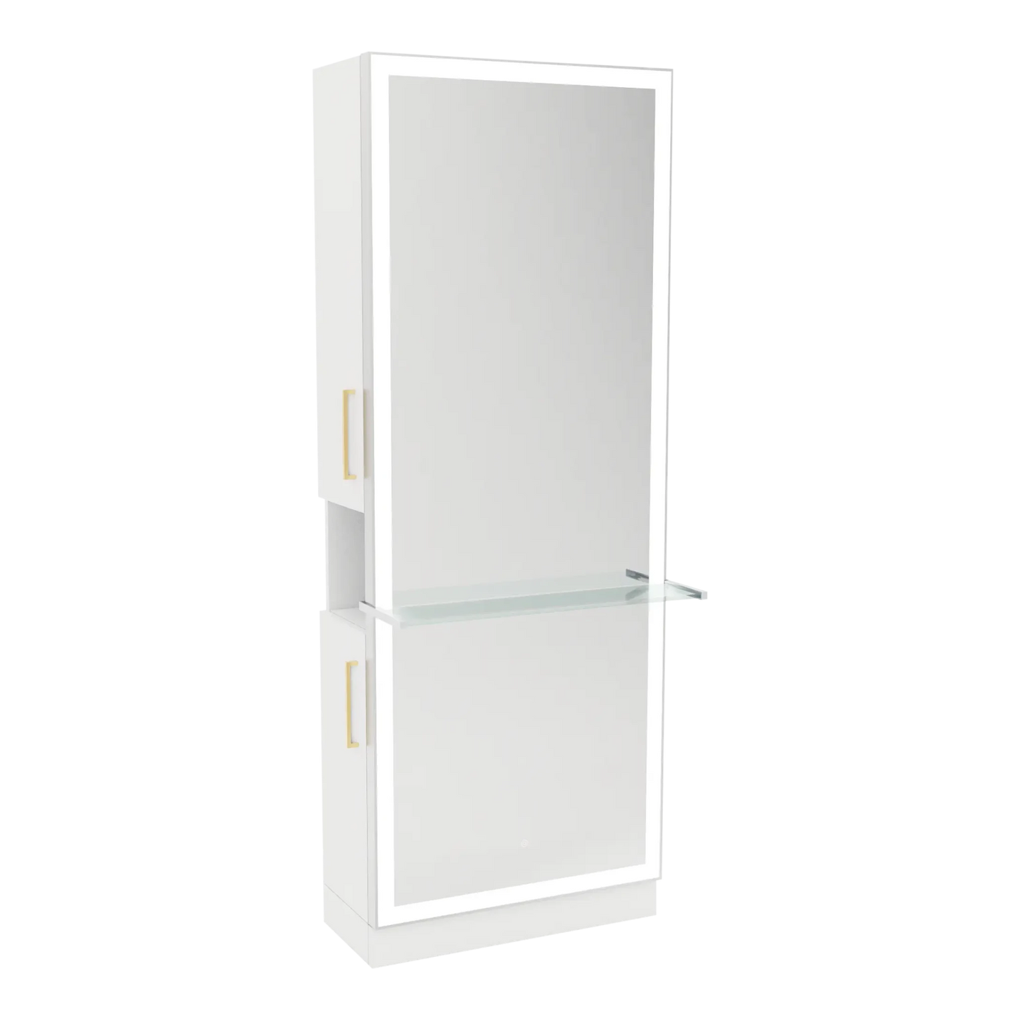 Glo Single Operator Styling Station with Pull-out Appliance Holder, Glass Shelf and Silver Full-Length Rectangle Glo Mirror - Kaemark