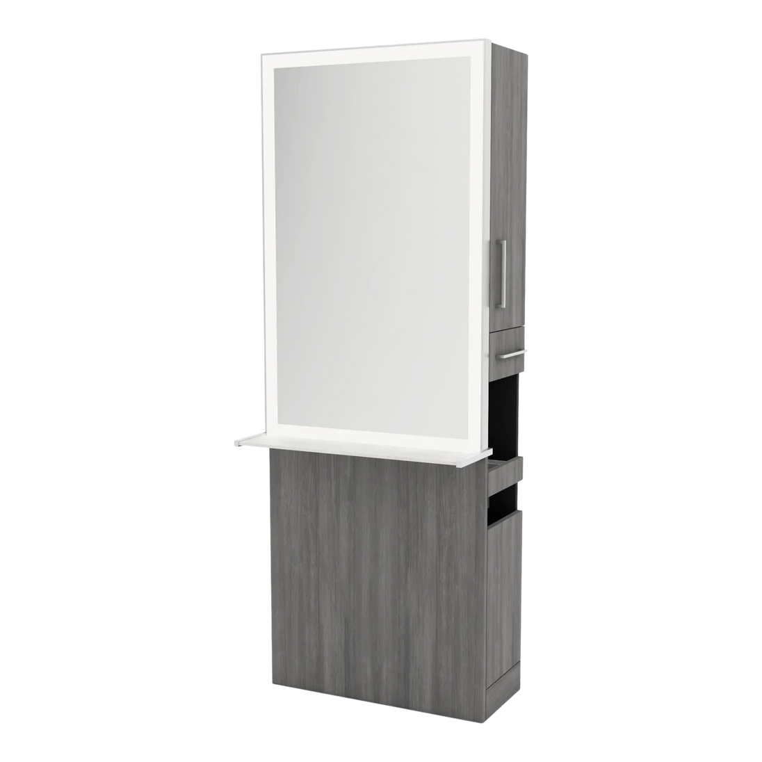 Glo Single Operator Styling Station with Pull-out Appliance Holder, Solid Surface Shelf, and Silver Rectangle Glo Mirror - Kaemark