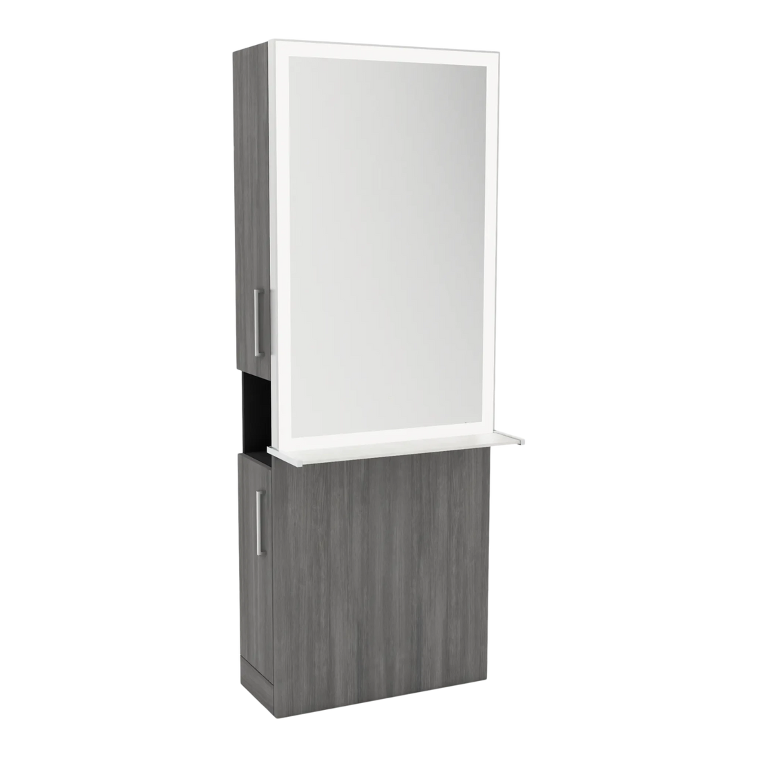 Glo Single Operator Styling Station with Pull-out Appliance Holder, Solid Surface Shelf, and Silver Rectangle Glo Mirror - Kaemark