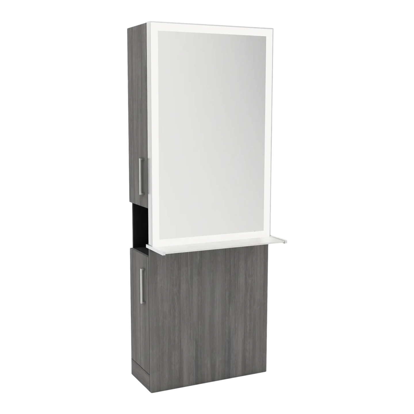 Glo Single Operator Styling Station with Pull-out Appliance Holder, Solid Surface Shelf, and Silver Rectangle Glo Mirror - Kaemark