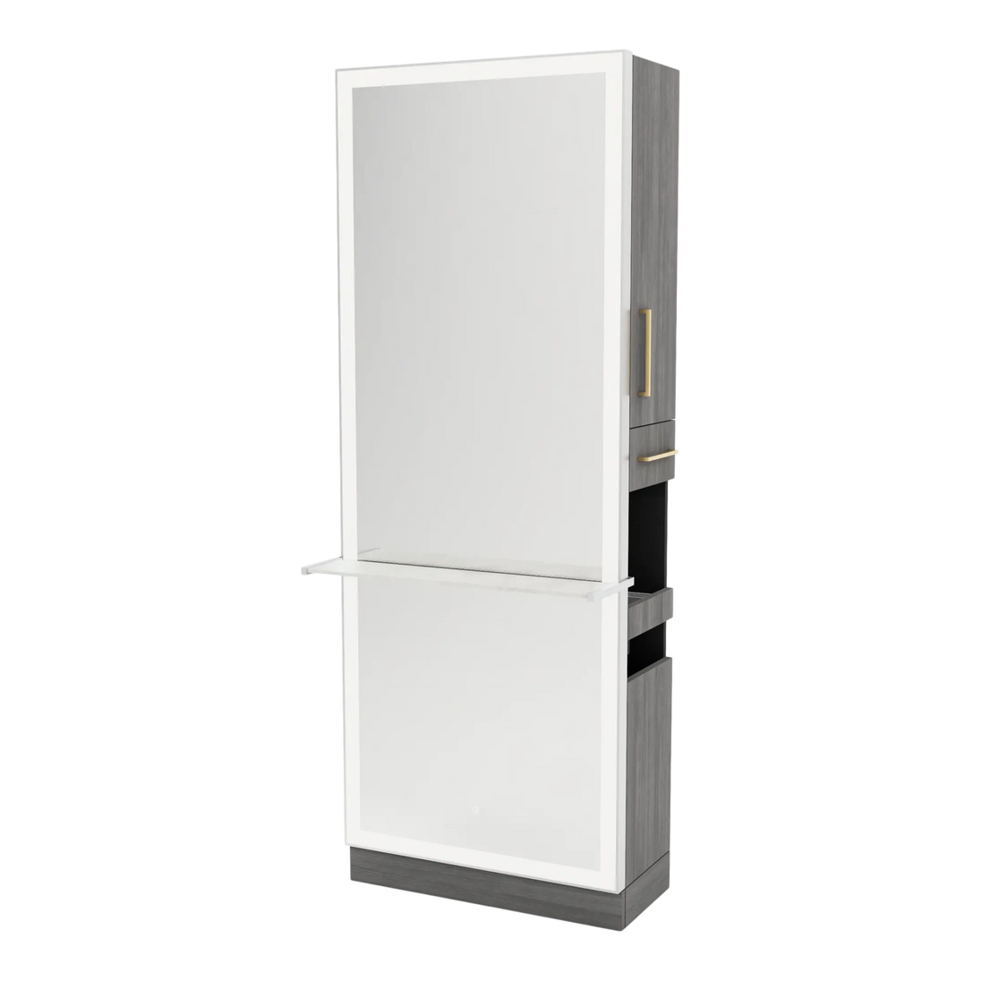 Glo Single Operator Styling Station with Pull-out Appliance Holder, Solid Surface Shelf, and Full-Length Rectangle Glo Mirror - Kaemark