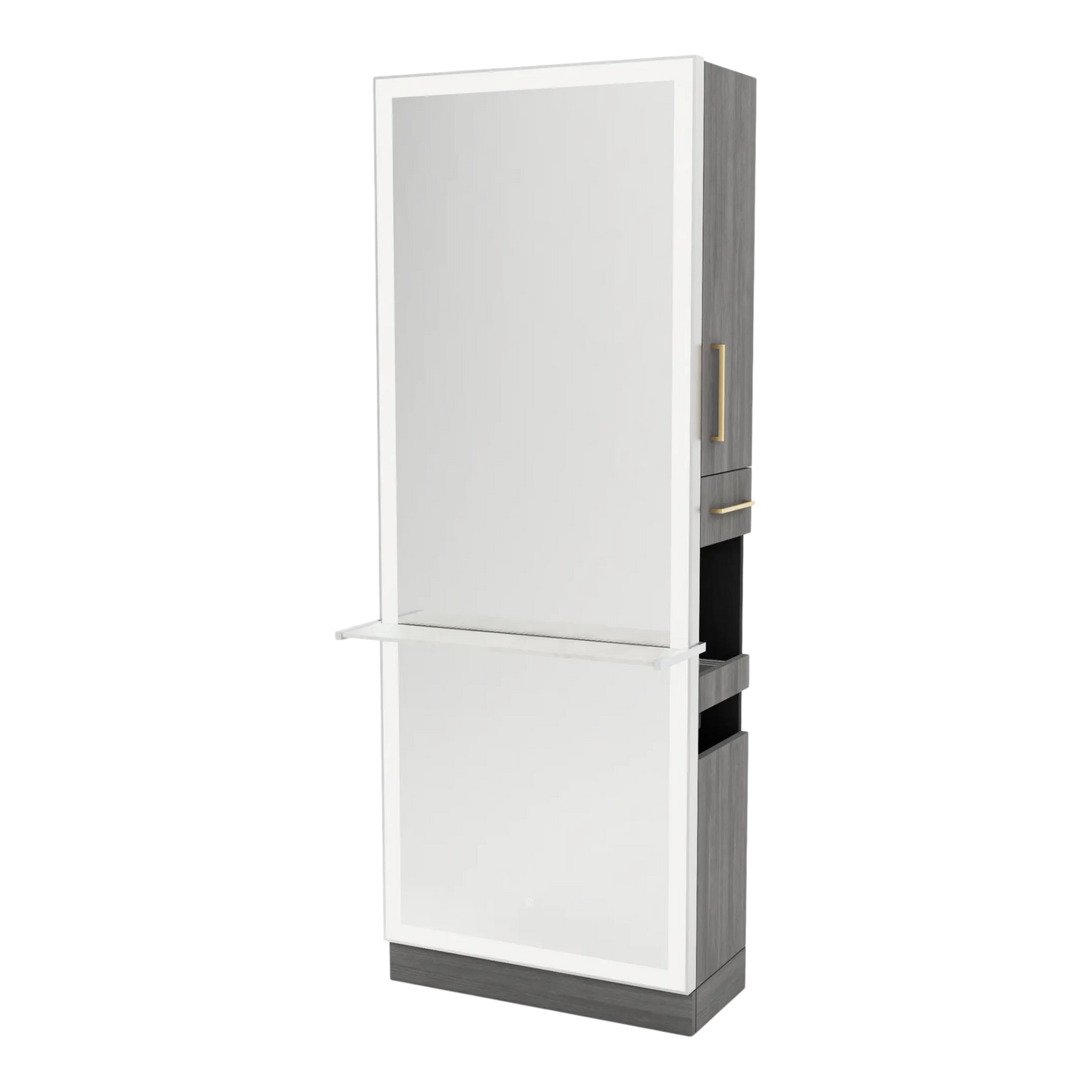 Glo Single Operator Styling Station with Pull-out Appliance Holder, Solid Surface Shelf, and Full-Length Rectangle Glo Mirror - Kaemark