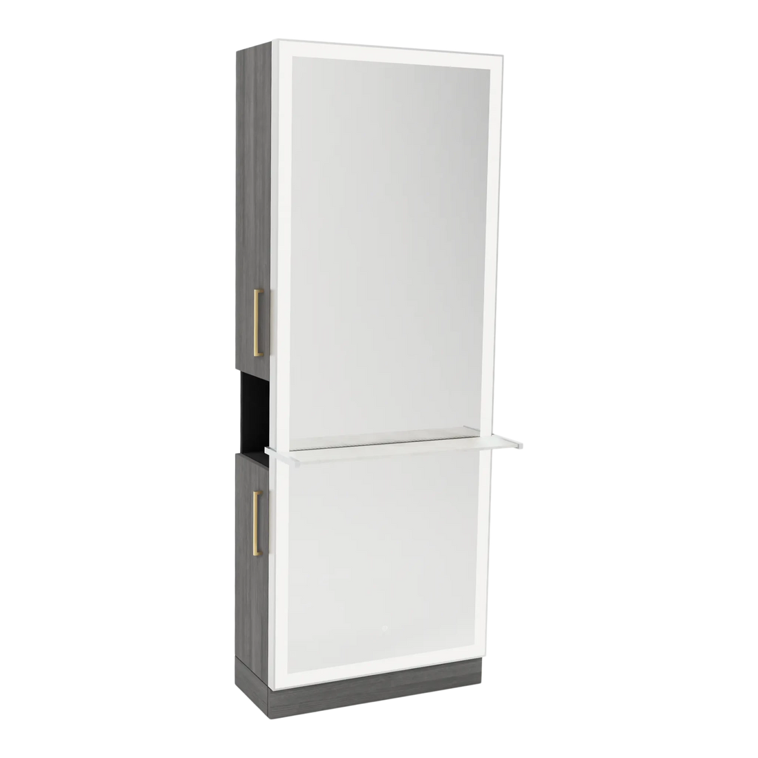 Glo Single Operator Styling Station with Pull-out Appliance Holder, Solid Surface Shelf, and Full-Length Rectangle Glo Mirror - Kaemark
