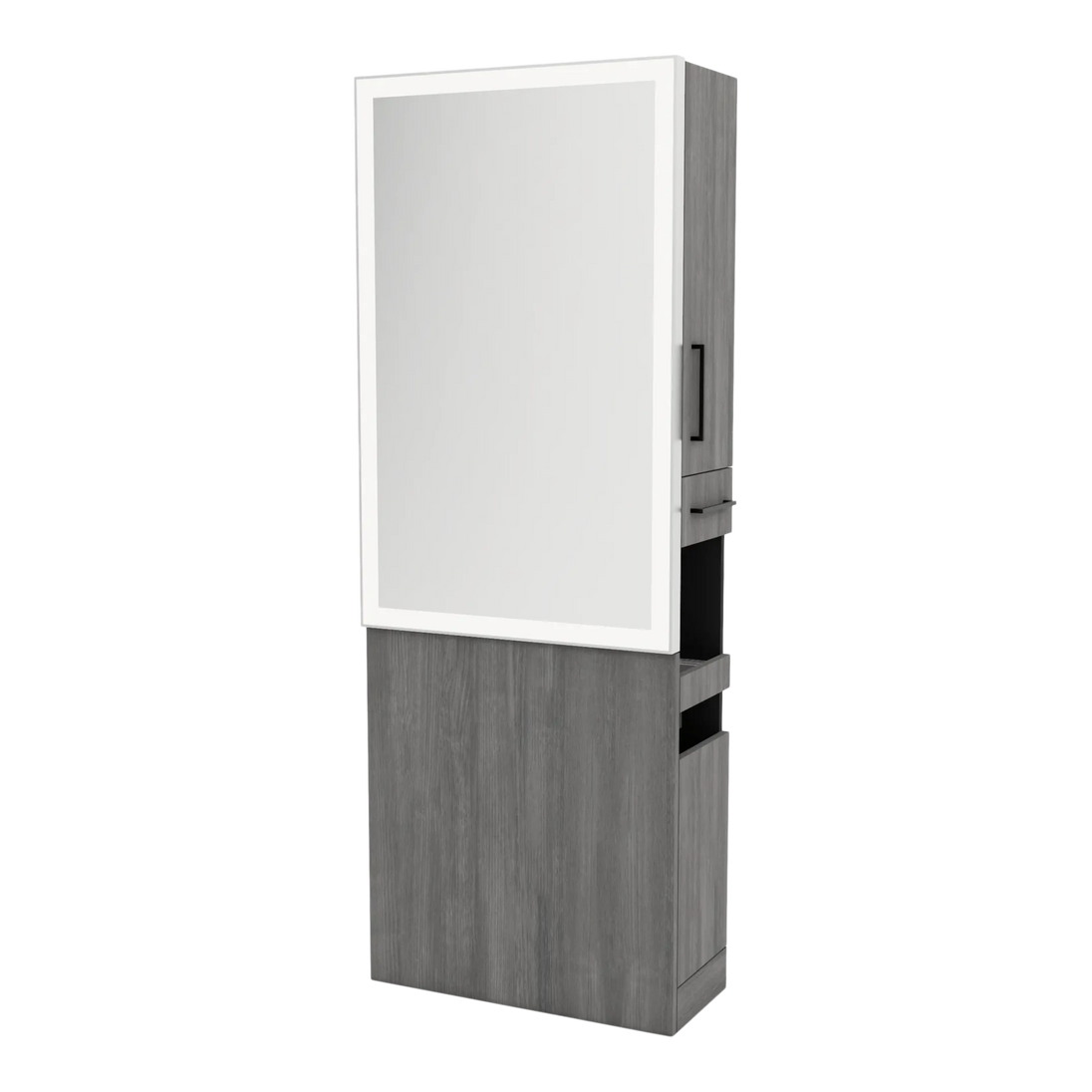 Glo Single Operator Styling Station with Pull-out Appliance Holder and Silver Rectangle Glo Mirror - Kaemark