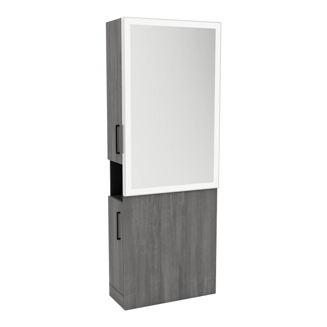 Glo Single Operator Styling Station with Pull-out Appliance Holder and Silver Rectangle Glo Mirror - Kaemark