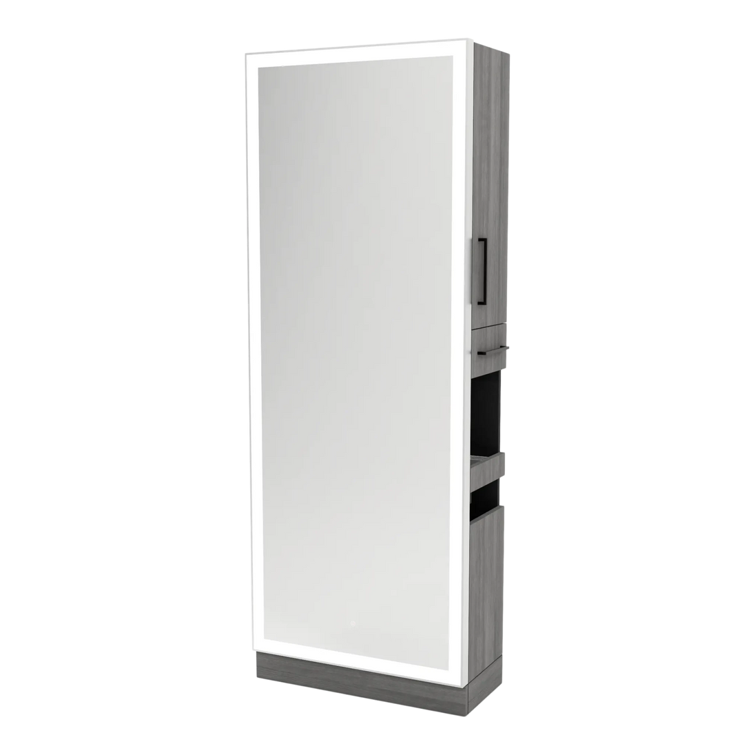Glo Single Operator Styling Station with Pull-out Appliance Holder, Silver Rectangle Glo Mirror - Kaemark
