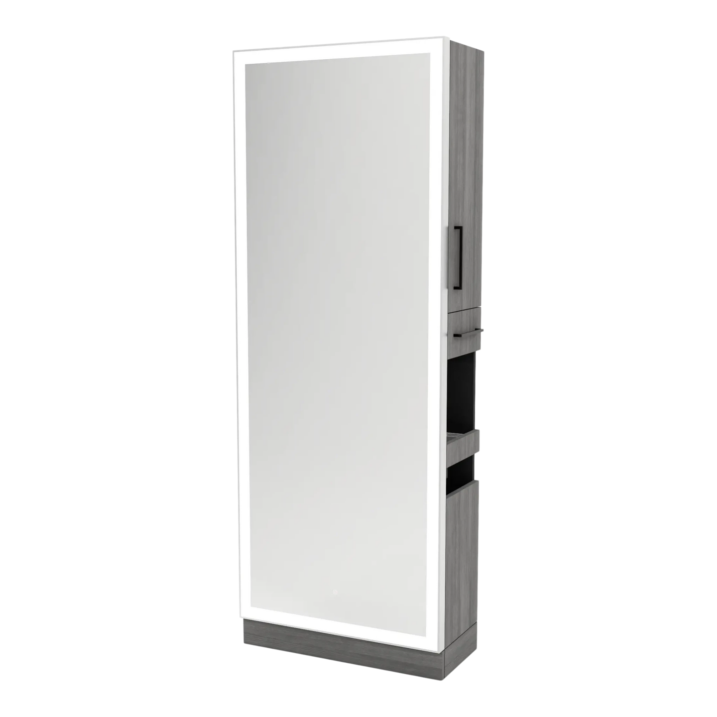 Glo Single Operator Styling Station with Pull-out Appliance Holder, Silver Rectangle Glo Mirror - Kaemark