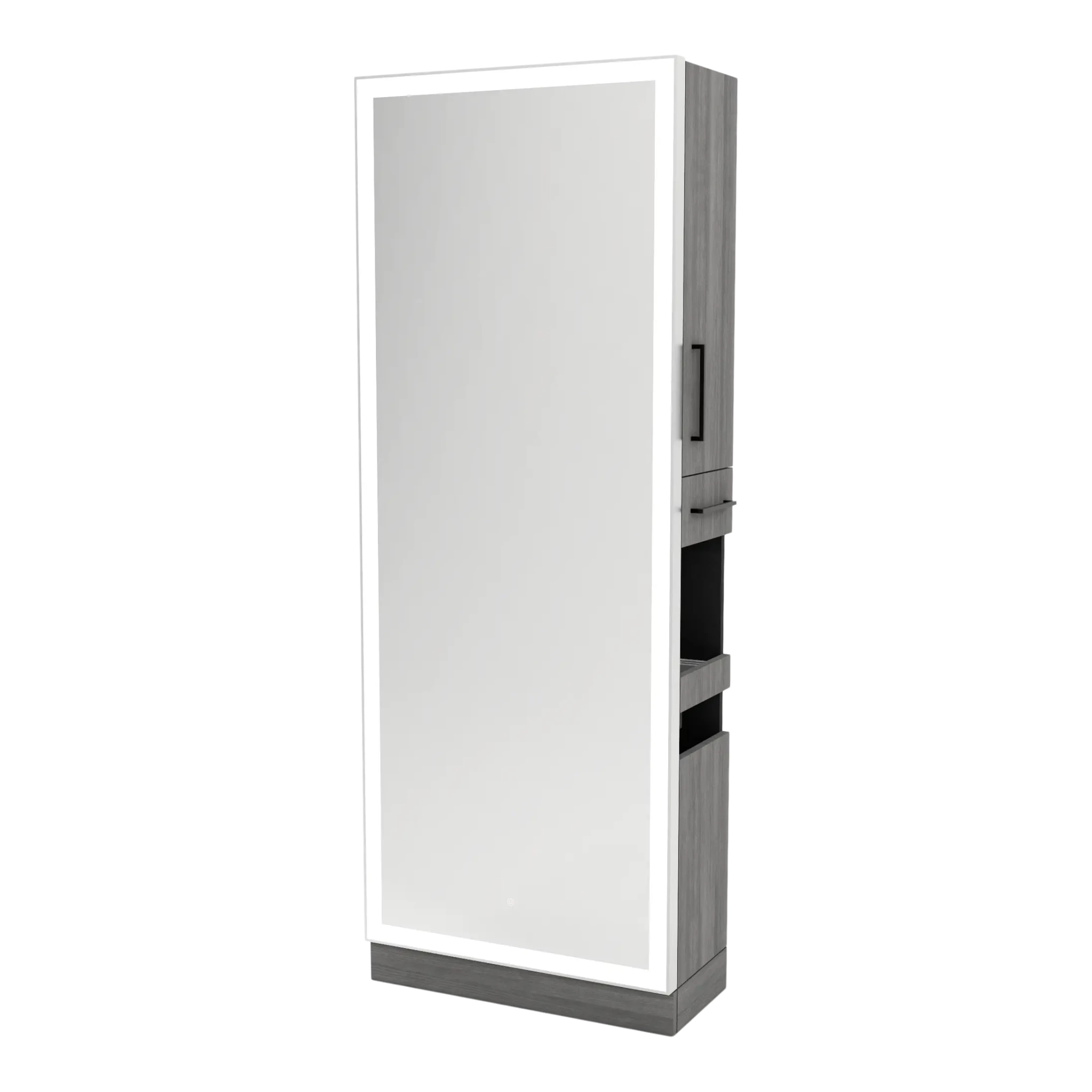 Glo Single Operator Styling Station with Pull-out Appliance Holder, Silver Rectangle Glo Mirror - Kaemark