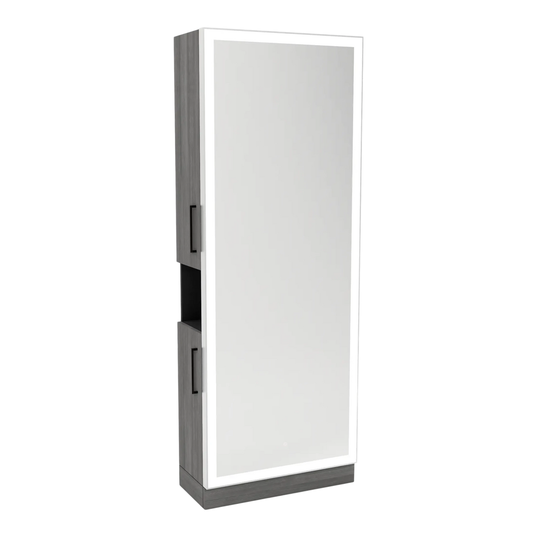 Glo Single Operator Styling Station with Pull-out Appliance Holder, Silver Rectangle Glo Mirror - Kaemark