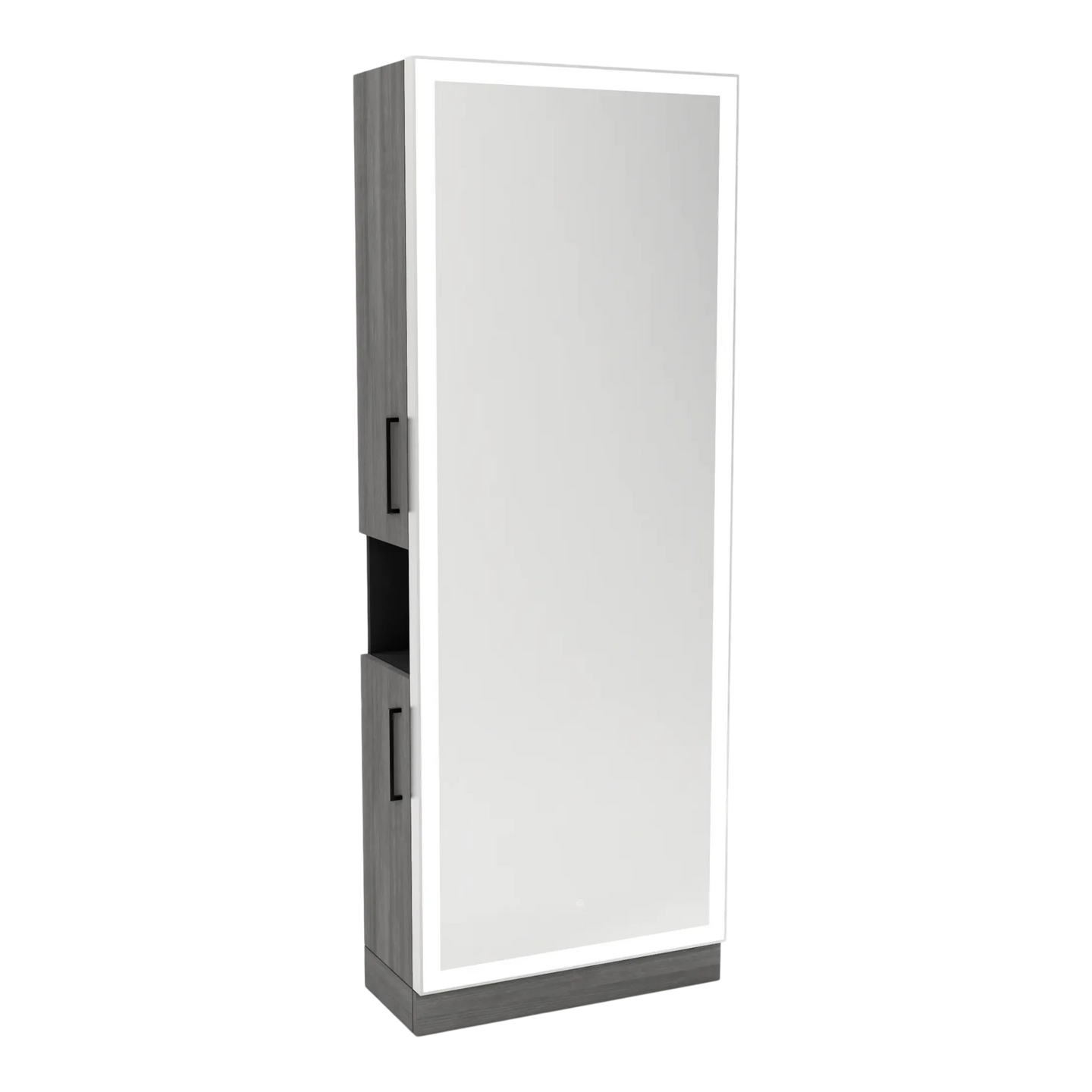 Glo Single Operator Styling Station with Pull-out Appliance Holder, Silver Rectangle Glo Mirror - Kaemark