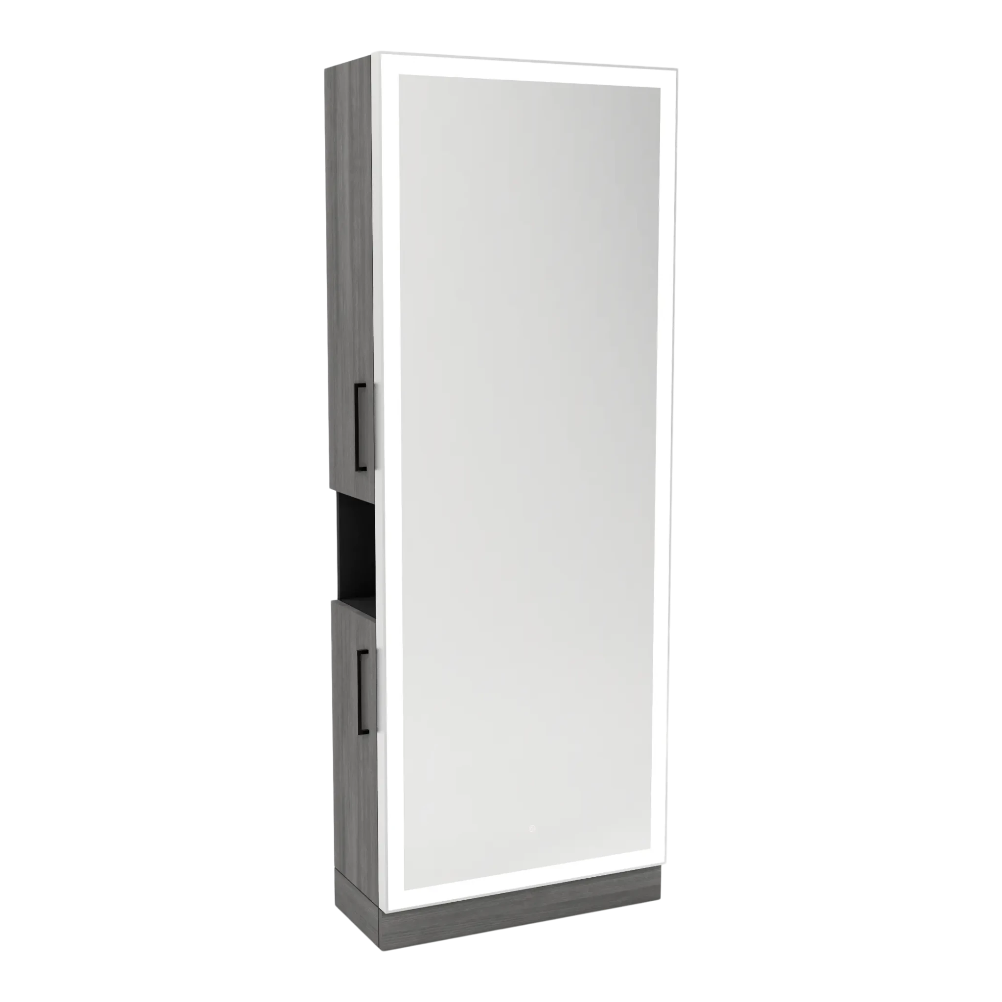 Glo Single Operator Styling Station with Pull-out Appliance Holder, Silver Rectangle Glo Mirror - Kaemark