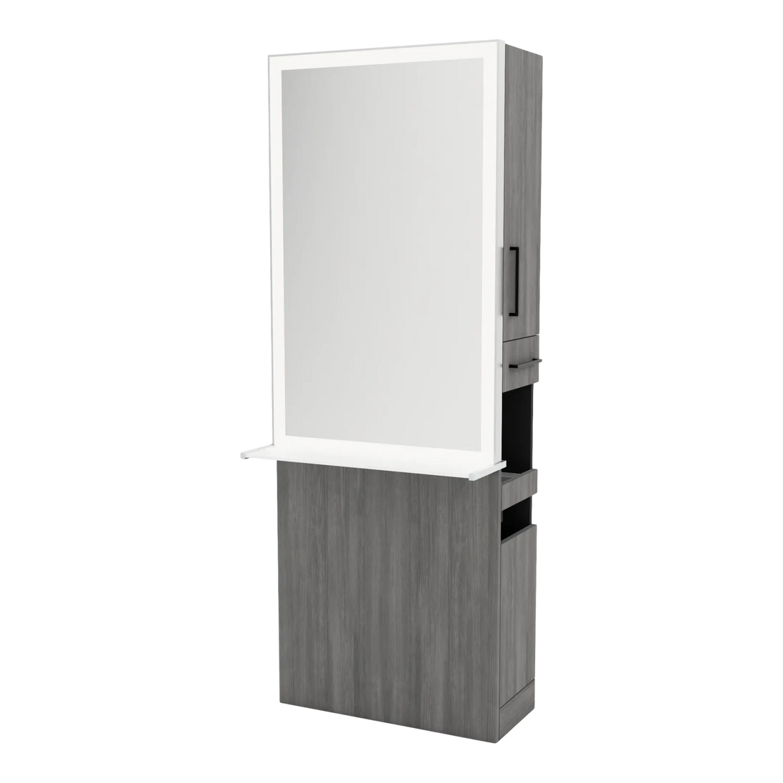 Glo Single Operator Styling Station with Pull-out Appliance Holder, Solid Surface Shelf, and Silver Rectangle Glo Mirror - Kaemark
