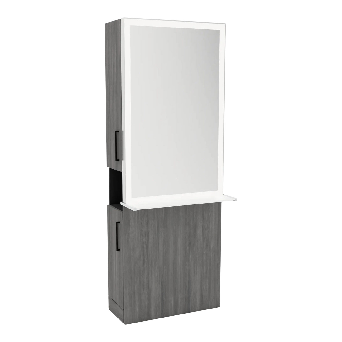 Glo Single Operator Styling Station with Pull-out Appliance Holder, Solid Surface Shelf, and Silver Rectangle Glo Mirror - Kaemark