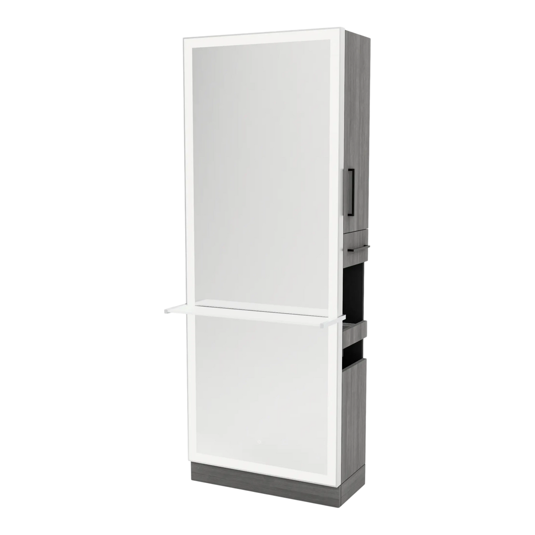 Glo Single Operator Styling Station with Pull-out Appliance Holder, Solid Surface Shelf, and Full-Length Rectangle Glo Mirror - Kaemark