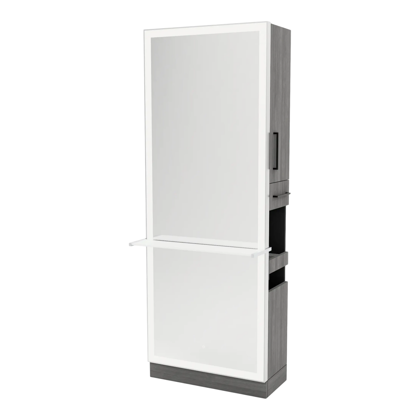 Glo Single Operator Styling Station with Pull-out Appliance Holder, Solid Surface Shelf, and Full-Length Rectangle Glo Mirror - Kaemark