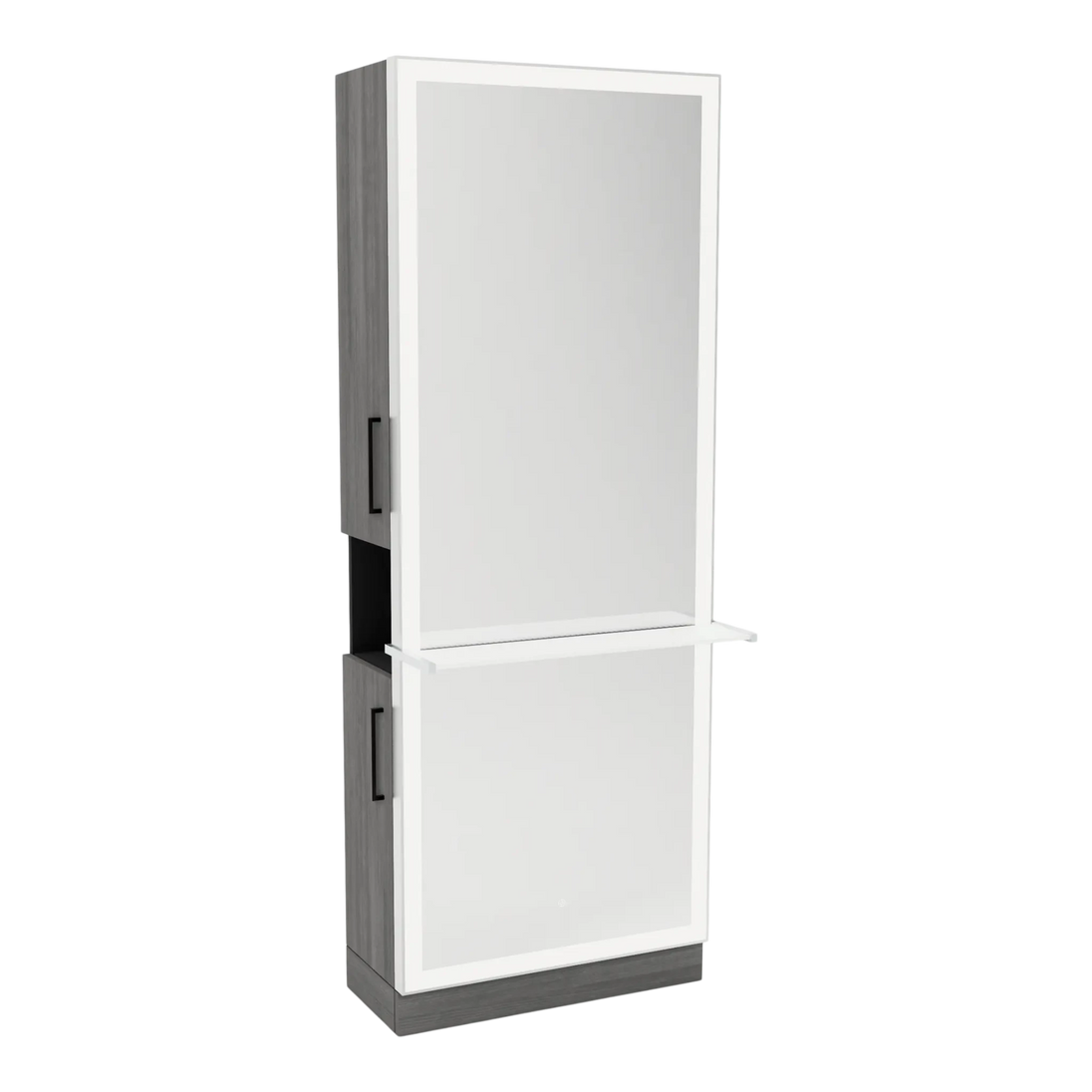 Glo Single Operator Styling Station with Pull-out Appliance Holder, Solid Surface Shelf, and Full-Length Rectangle Glo Mirror - Kaemark