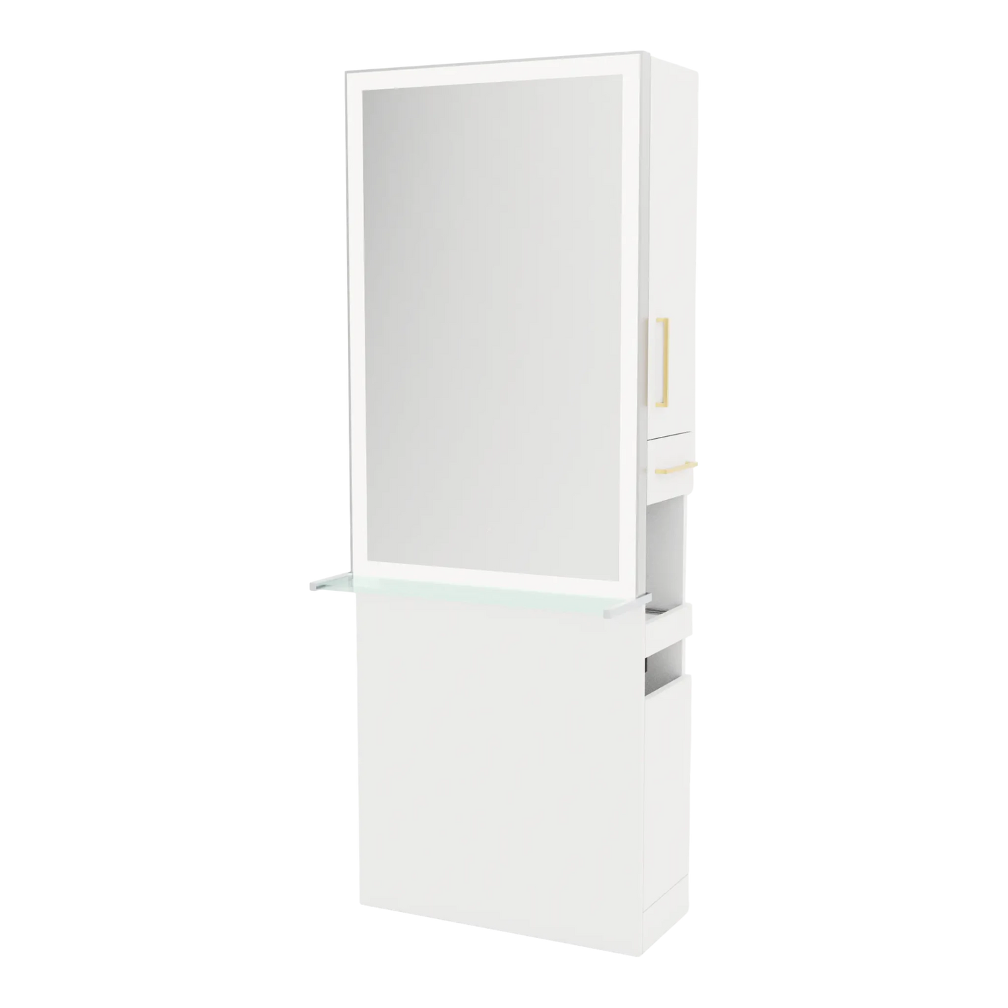 Glo Single Operator Styling Station with Pull-out Appliance Holder, Glass Shelf and Silver Rectangle Glo Mirror - Kaemark