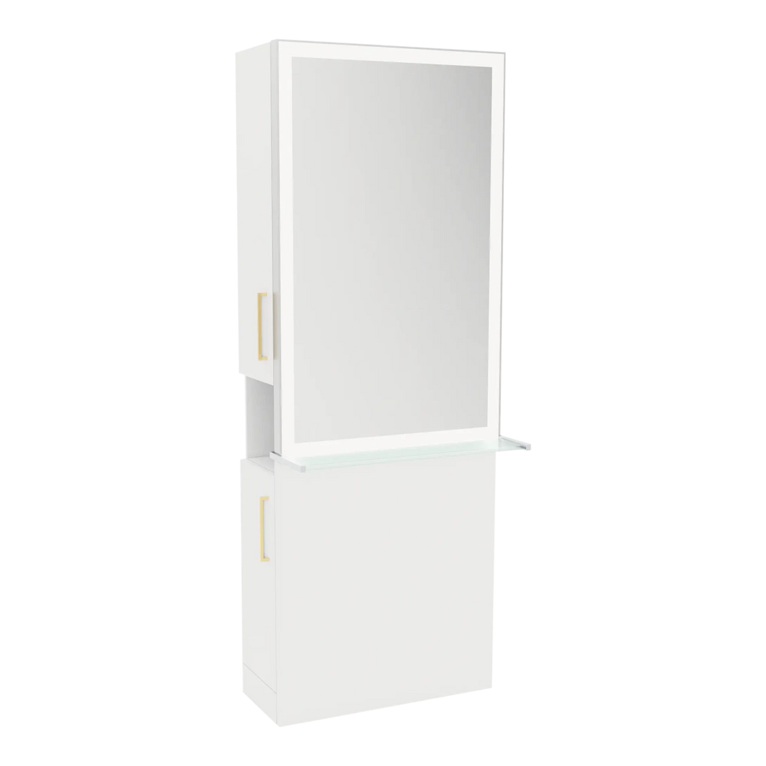 Glo Single Operator Styling Station with Pull-out Appliance Holder, Glass Shelf and Silver Rectangle Glo Mirror - Kaemark
