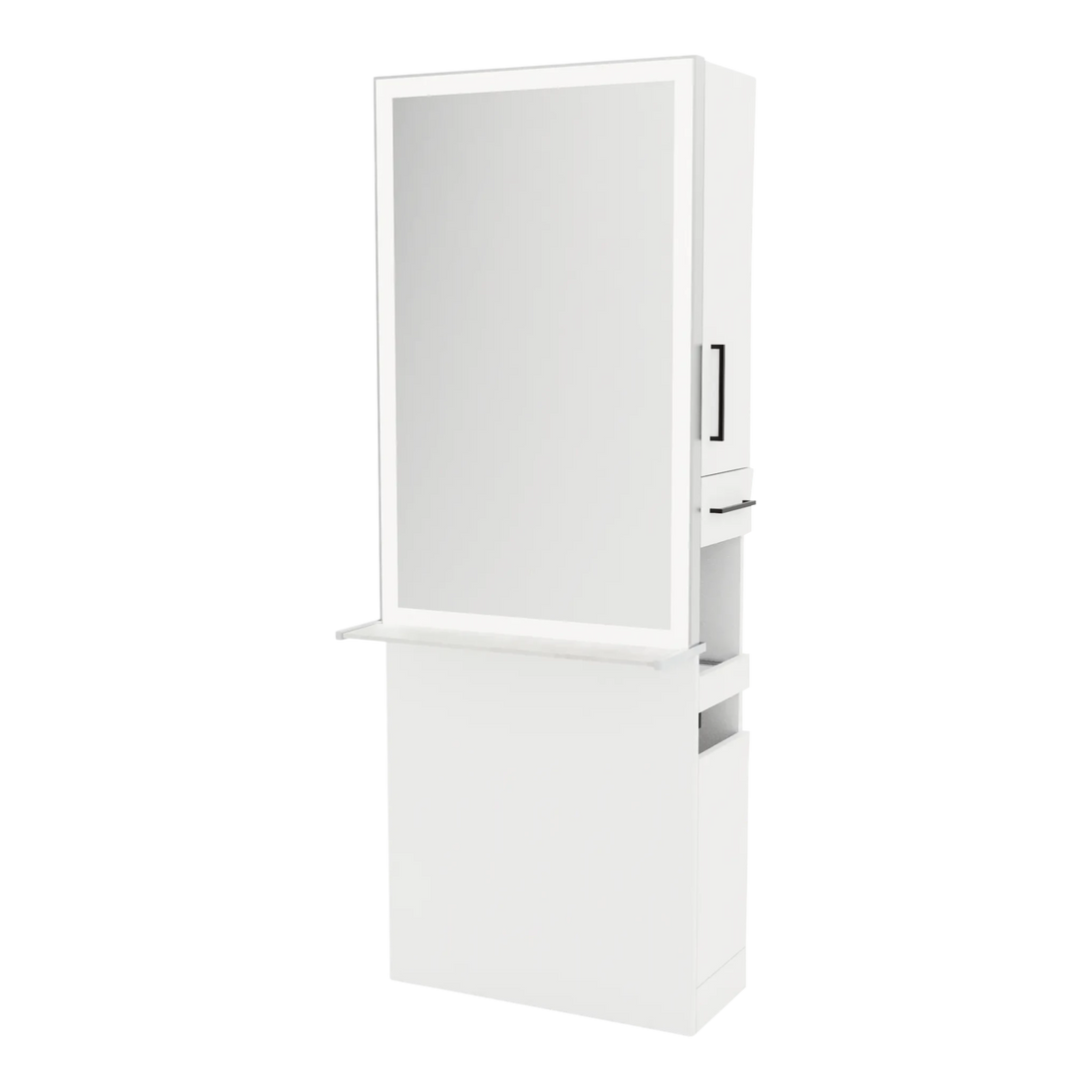 Glo Single Operator Styling Station with Pull-out Appliance Holder, Solid Surface Shelf, and Silver Rectangle Glo Mirror - Kaemark