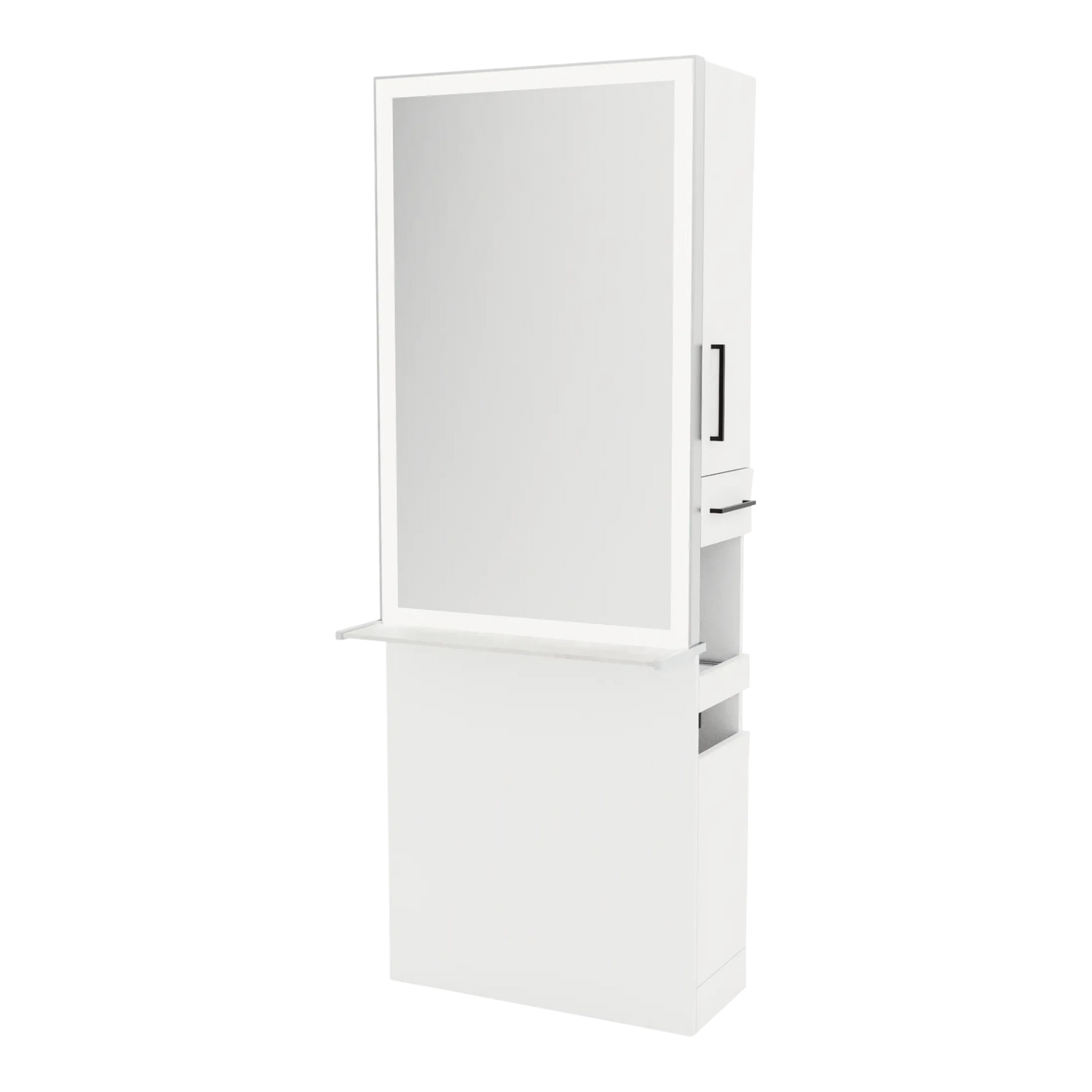 Glo Single Operator Styling Station with Pull-out Appliance Holder, Solid Surface Shelf, and Silver Rectangle Glo Mirror - Kaemark
