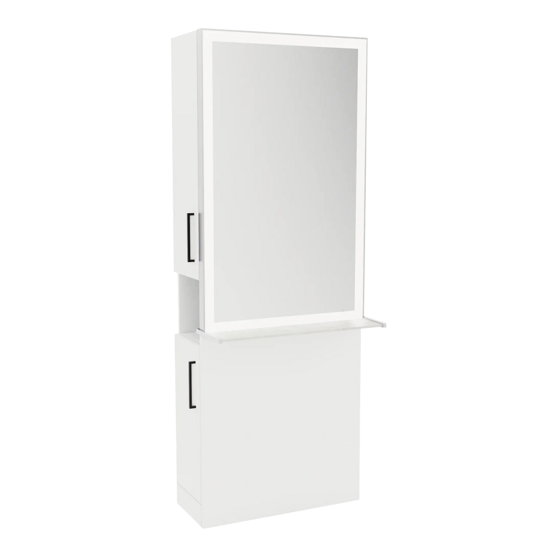 Glo Single Operator Styling Station with Pull-out Appliance Holder, Solid Surface Shelf, and Silver Rectangle Glo Mirror - Kaemark