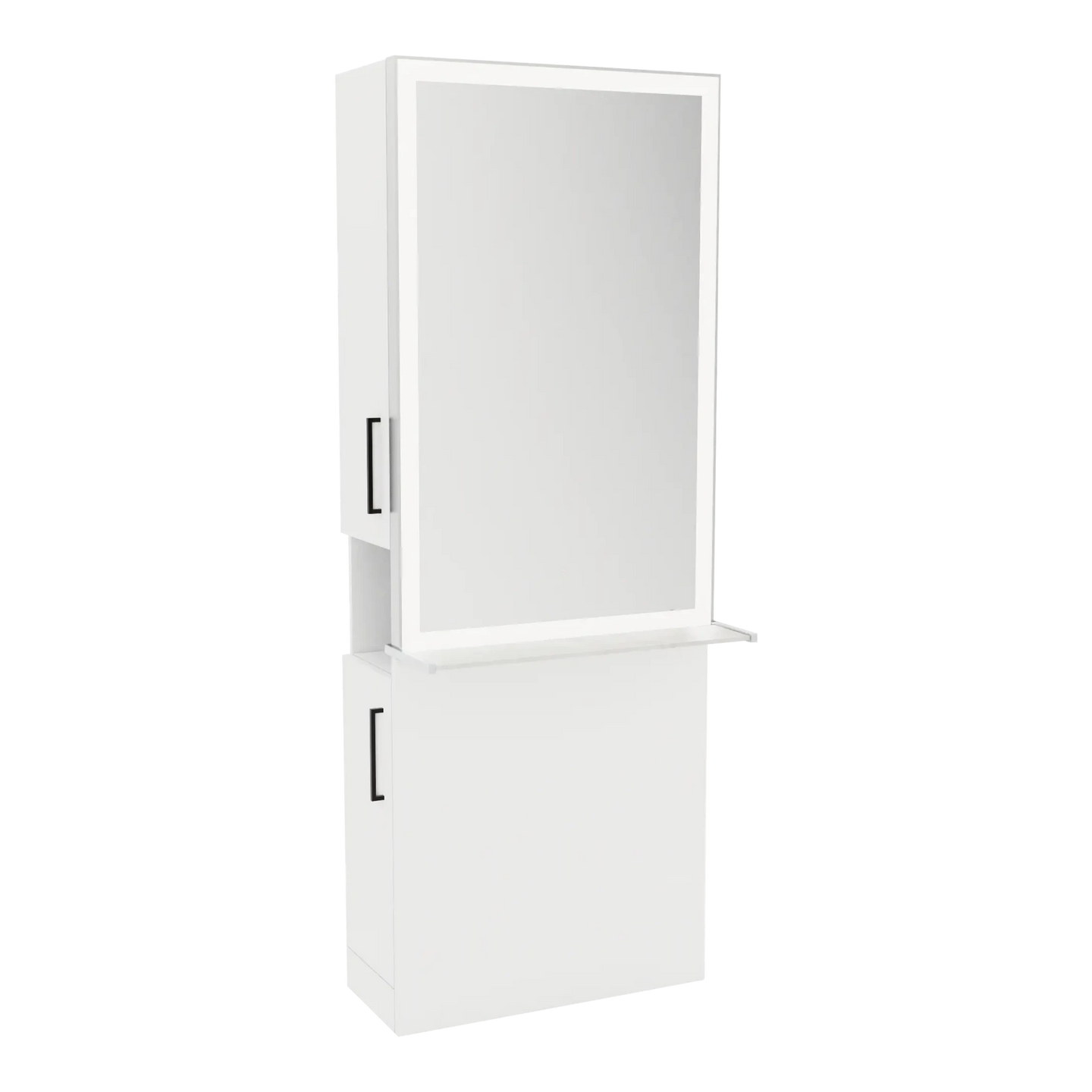 Glo Single Operator Styling Station with Pull-out Appliance Holder, Solid Surface Shelf, and Silver Rectangle Glo Mirror - Kaemark