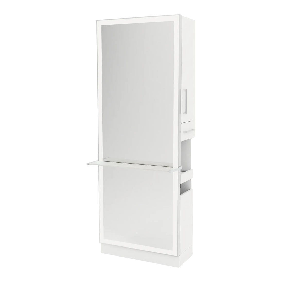 Glo Single Operator Styling Station with Pull-out Appliance Holder, Solid Surface Shelf, and Full-Length Rectangle Glo Mirror - Kaemark