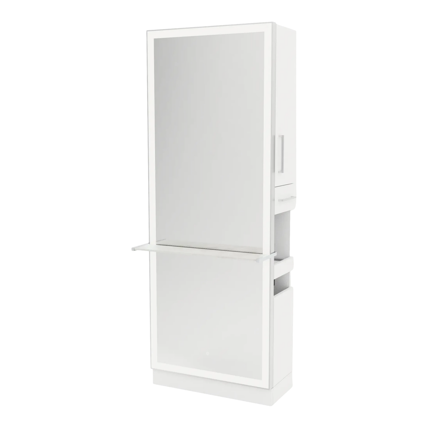 Glo Single Operator Styling Station with Pull-out Appliance Holder, Solid Surface Shelf, and Full-Length Rectangle Glo Mirror - Kaemark