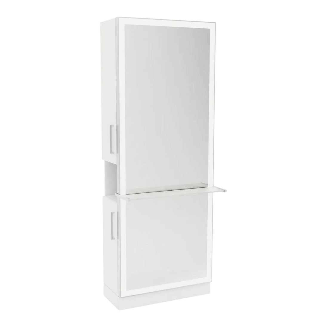 Glo Single Operator Styling Station with Pull-out Appliance Holder, Solid Surface Shelf, and Full-Length Rectangle Glo Mirror - Kaemark