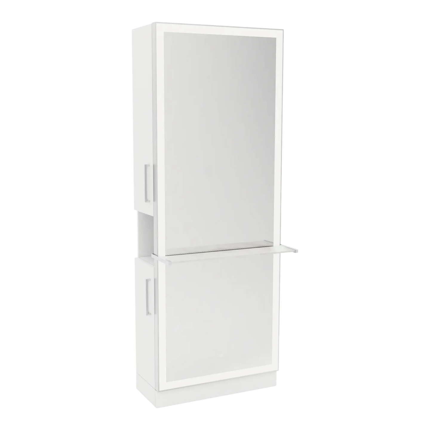 Glo Single Operator Styling Station with Pull-out Appliance Holder, Solid Surface Shelf, and Full-Length Rectangle Glo Mirror - Kaemark