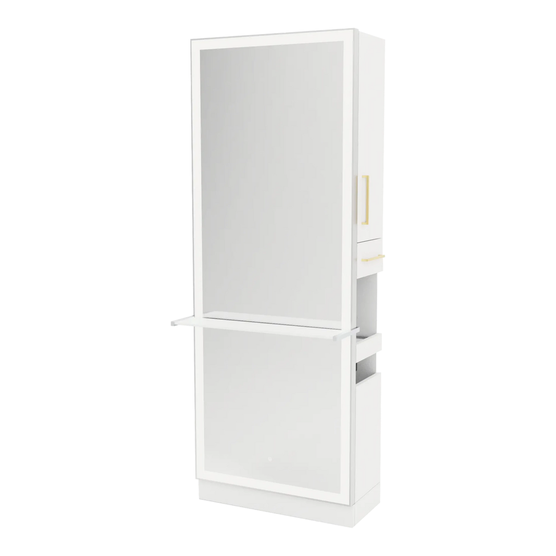 Glo Single Operator Styling Station with Pull-out Appliance Holder, Solid Surface Shelf, and Full-Length Rectangle Glo Mirror - Kaemark