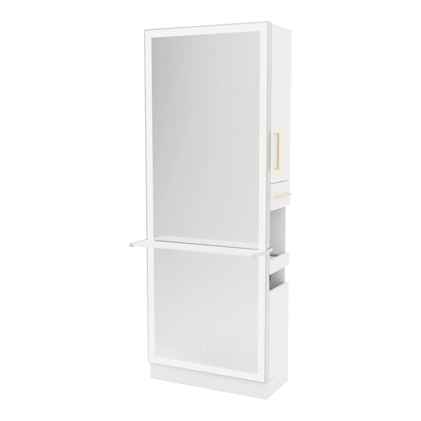 Glo Single Operator Styling Station with Pull-out Appliance Holder, Solid Surface Shelf, and Full-Length Rectangle Glo Mirror - Kaemark