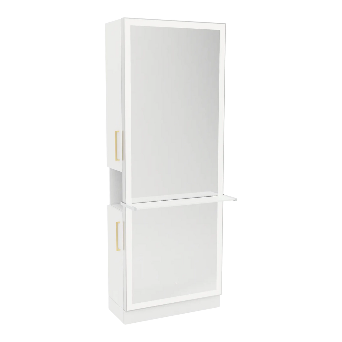 Glo Single Operator Styling Station with Pull-out Appliance Holder, Solid Surface Shelf, and Full-Length Rectangle Glo Mirror - Kaemark