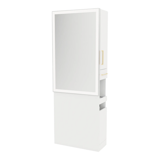 Glo Single Operator Styling Station with Pull-out Appliance Holder and Silver Rectangle Glo Mirror - Kaemark