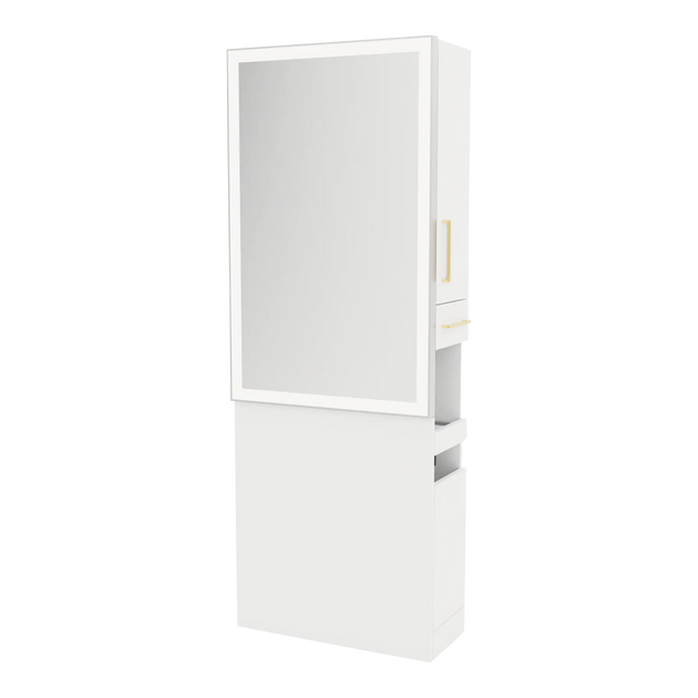 Glo Single Operator Styling Station with Pull-out Appliance Holder and Silver Rectangle Glo Mirror - Kaemark