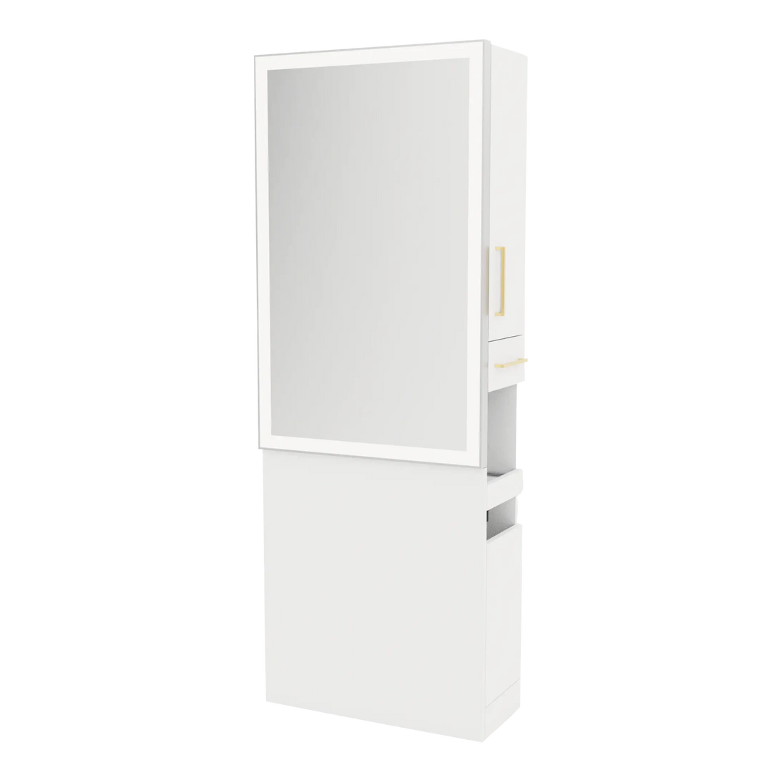 Glo Single Operator Styling Station with Pull-out Appliance Holder and Silver Rectangle Glo Mirror - Kaemark