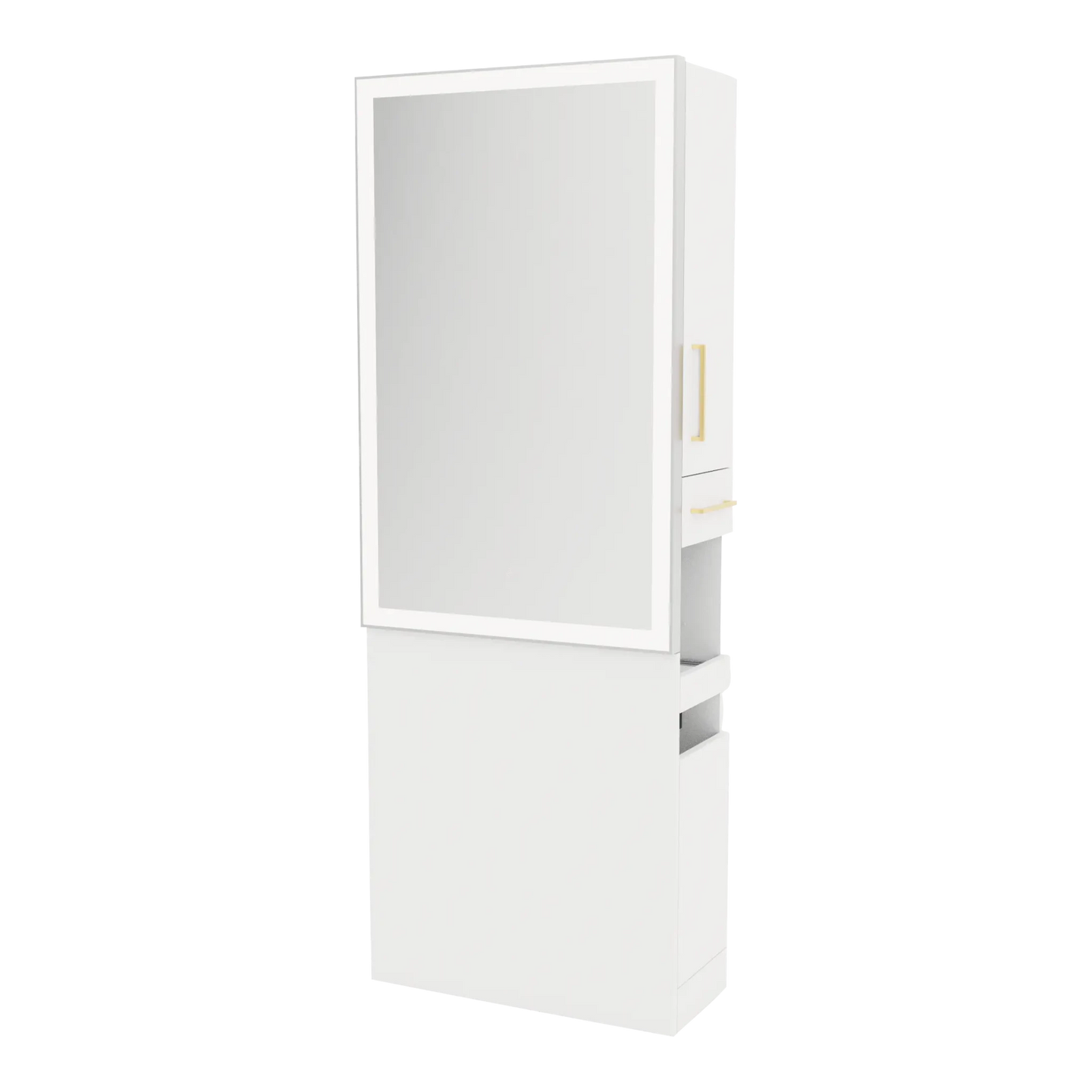 Glo Single Operator Styling Station with Pull-out Appliance Holder and Silver Rectangle Glo Mirror - Kaemark