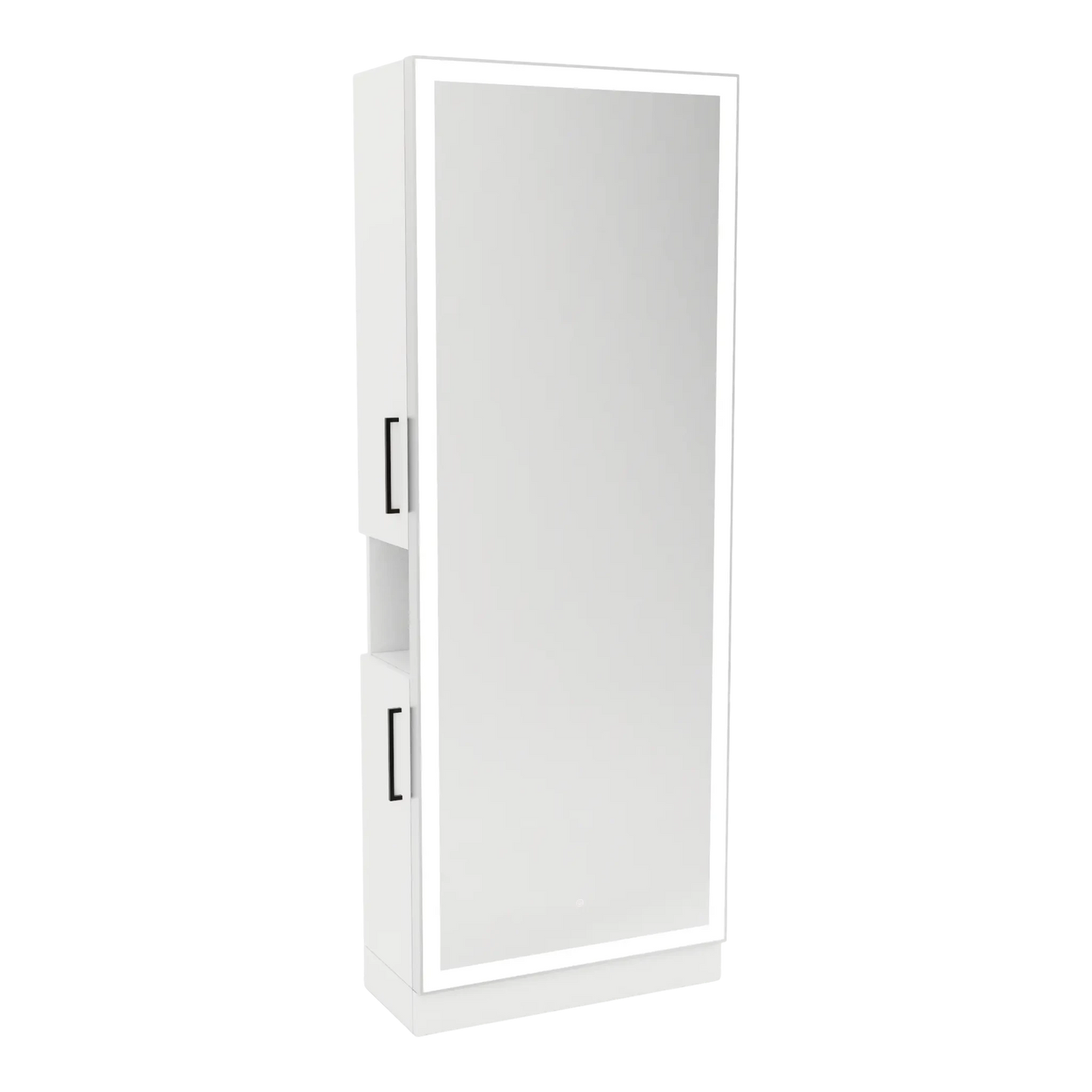 Glo Single Operator Styling Station with Pull-out Appliance Holder, Silver Rectangle Glo Mirror - Kaemark