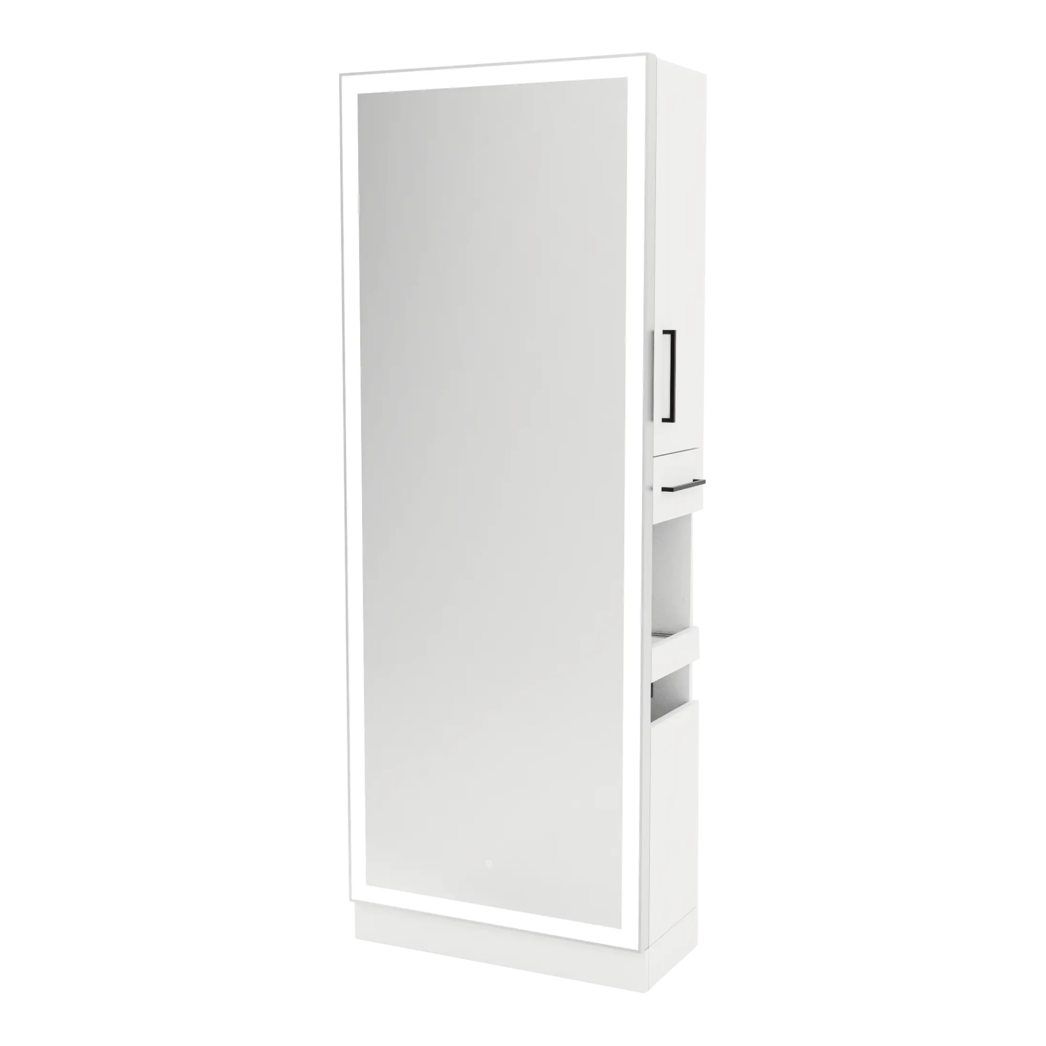 Glo Single Operator Styling Station with Pull-out Appliance Holder, Silver Rectangle Glo Mirror - Kaemark