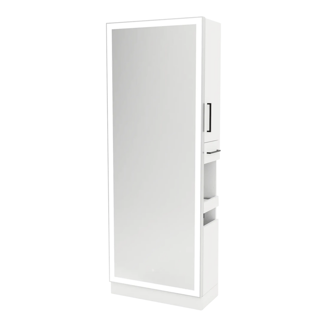 Glo Single Operator Styling Station with Pull-out Appliance Holder, Silver Rectangle Glo Mirror - Kaemark