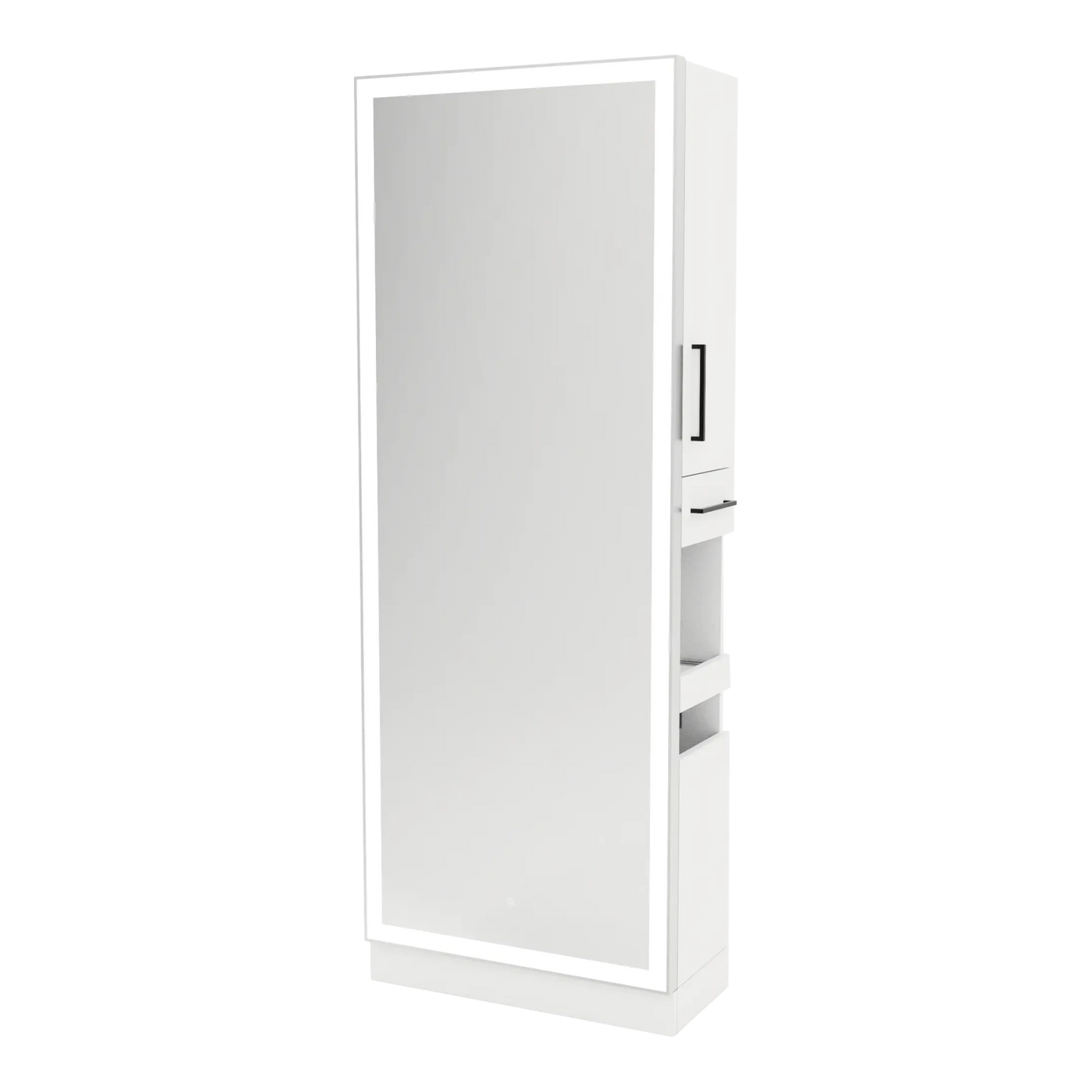 Glo Single Operator Styling Station with Pull-out Appliance Holder, Silver Rectangle Glo Mirror - Kaemark
