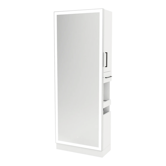 Glo Single Operator Styling Station with Pull-out Appliance Holder, Silver Rectangle Glo Mirror - Kaemark