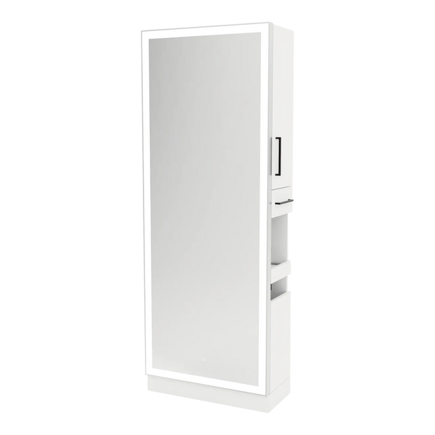 Glo Single Operator Styling Station with Pull-out Appliance Holder, Silver Rectangle Glo Mirror - Kaemark