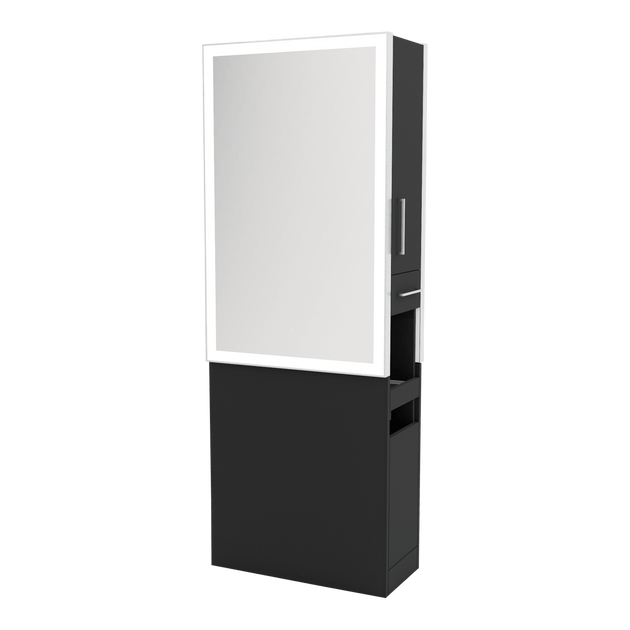 Glo Double Operator Styling Station with Slide-out Appliance Holder and Silver Rectangle Glo Mirror - Kaemark