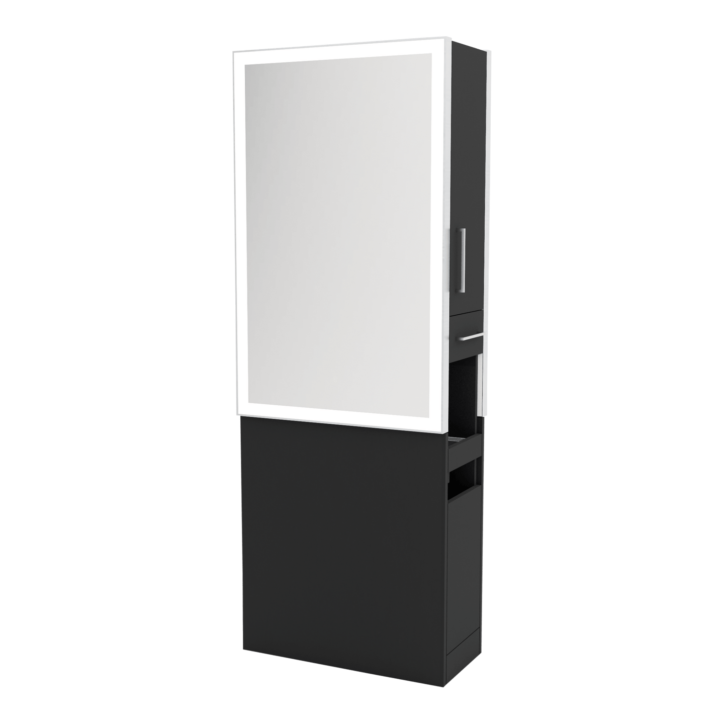 Glo Double Operator Styling Station with Slide-out Appliance Holder and Silver Rectangle Glo Mirror - Kaemark