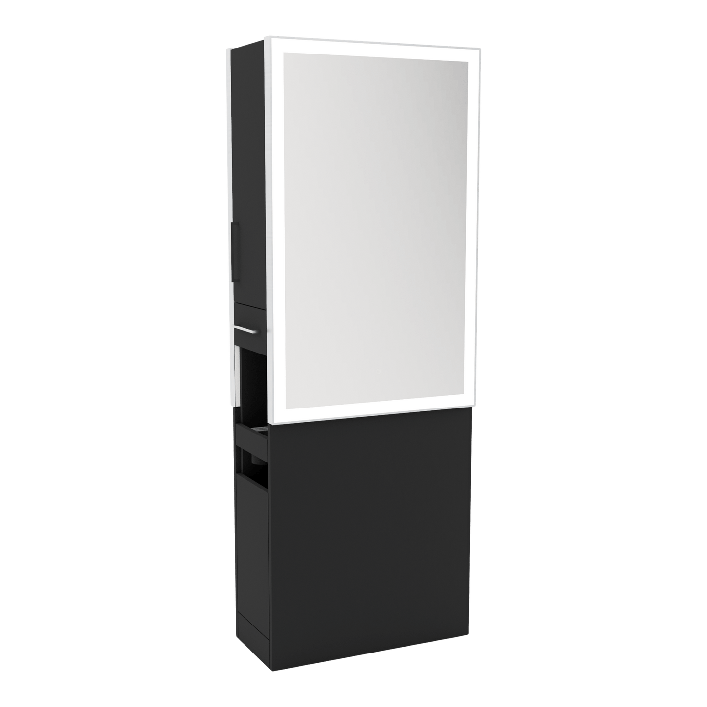 Glo Double Operator Styling Station with Slide-out Appliance Holder and Silver Rectangle Glo Mirror - Kaemark