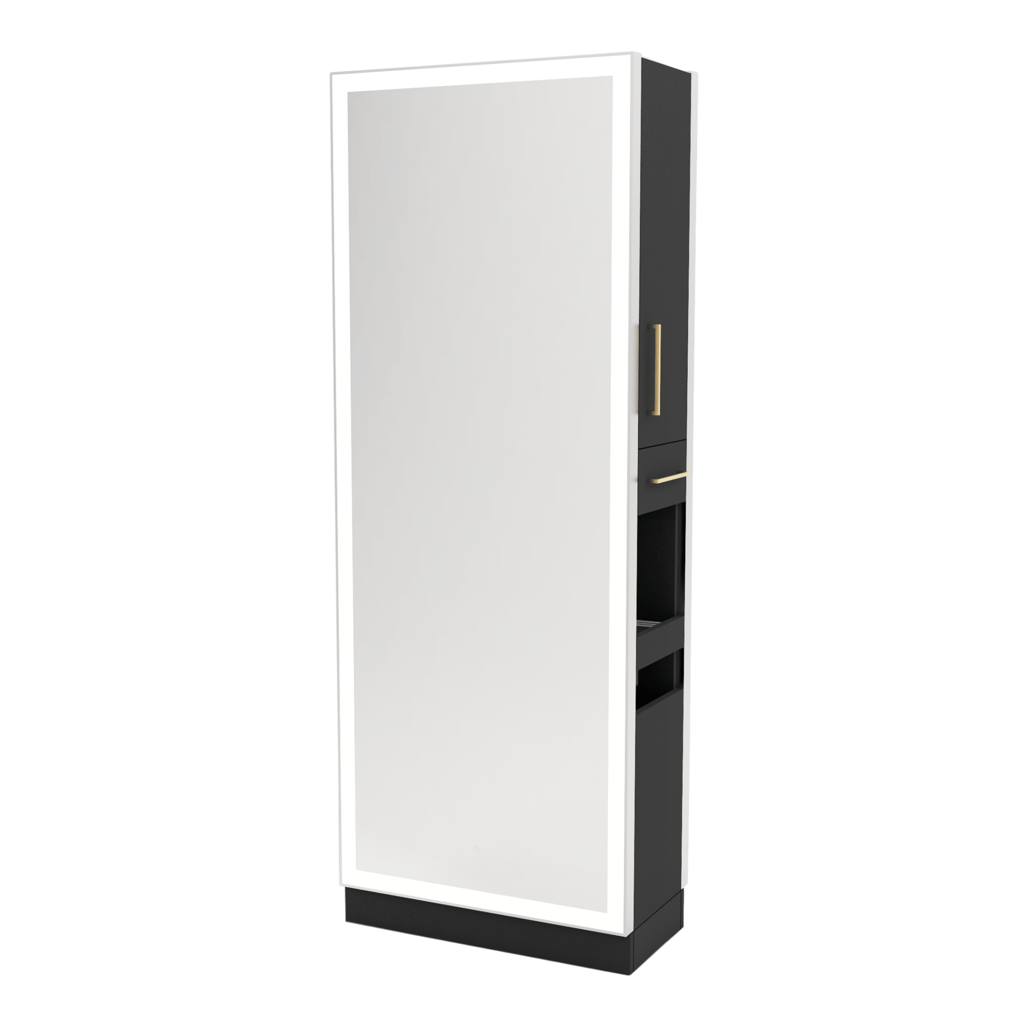 Glo Double Operator Styling Station with Slide-out Appliance Holder and Silver Full-Length Rectangle Glo Mirror - Kaemark