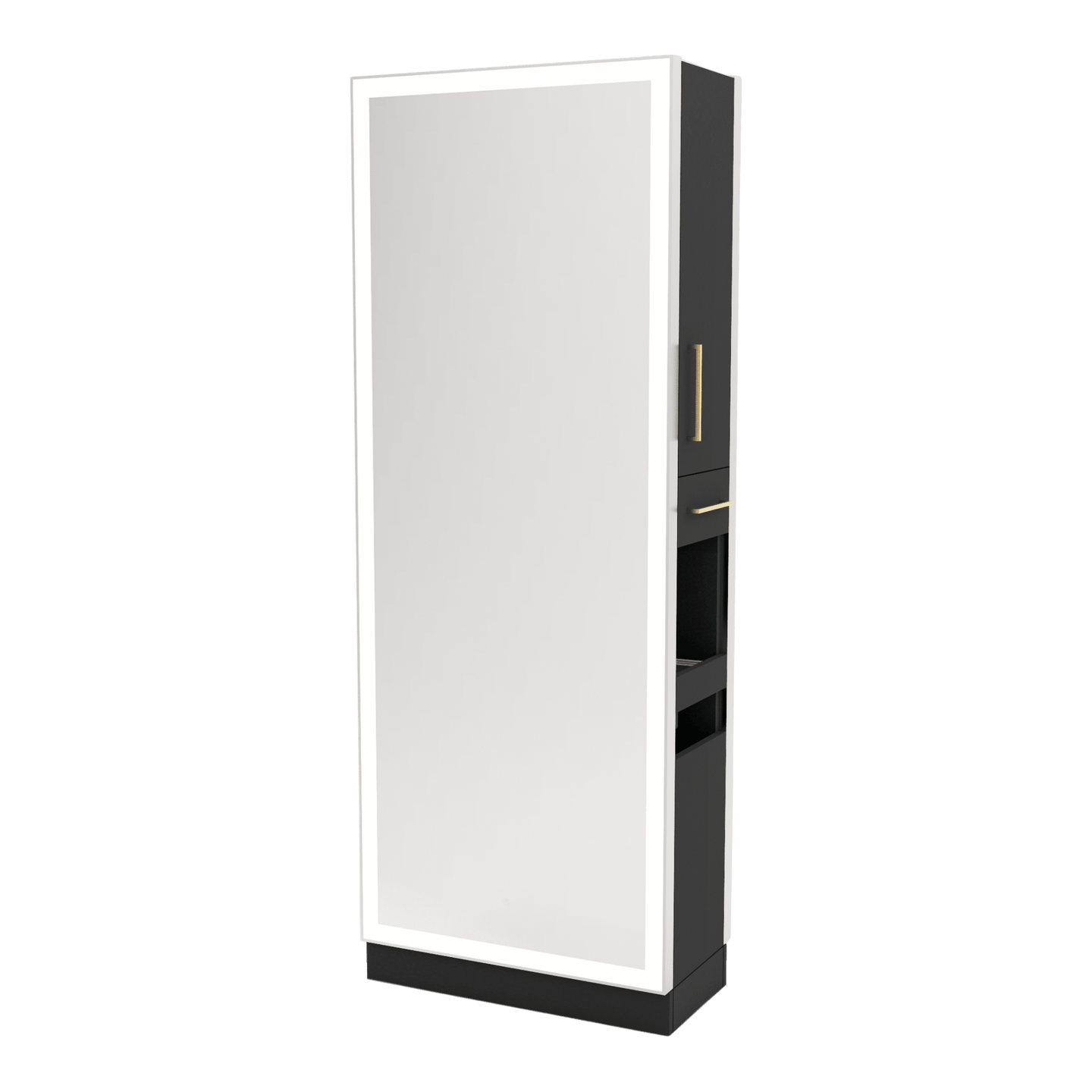 Glo Double Operator Styling Station with Slide-out Appliance Holder and Silver Full-Length Rectangle Glo Mirror - Kaemark